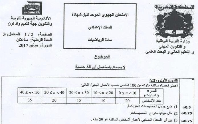 الامتحان الجهوي للرياضيات للسنة الثالثة إعدادي جهة كلميم واد نون 2017 مع التصحيح