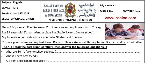 الإمتحان المحلي للإنجليزية 2018 مع التصحيح إعدادية القاضي عياض لمستوى الثالثة إعدادي