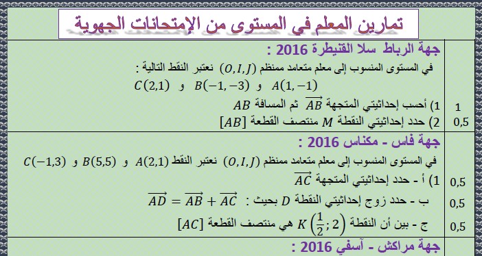 تمارين للمعلم في المستوى مع التصحيح من الإمتحانات الجهوية للثالثة إعدادي 