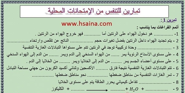 تمارين للتنفس عند الإنسان مع التصحيح من الإمتحانات المحلية لعلوم الحياة والأرض لمستوى الثالثة إعدادي