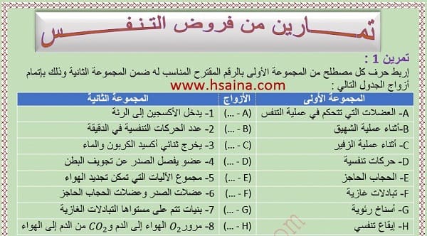 تمارين من فروض التنفس عند الإنسان للسنة الثالثة إعدادي الدورة الأولى مع التصحيح