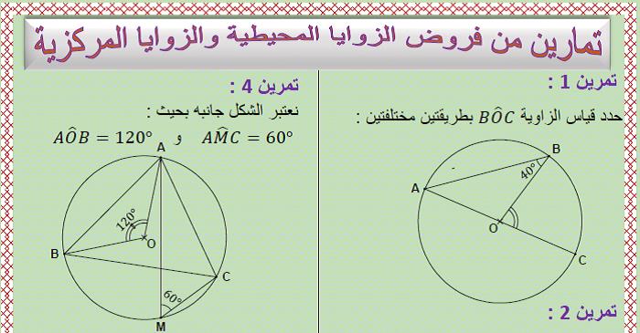 تمارين من فروض الزوايا المحيطية و الزوايا المركزية للسنة الثالثة إعدادي