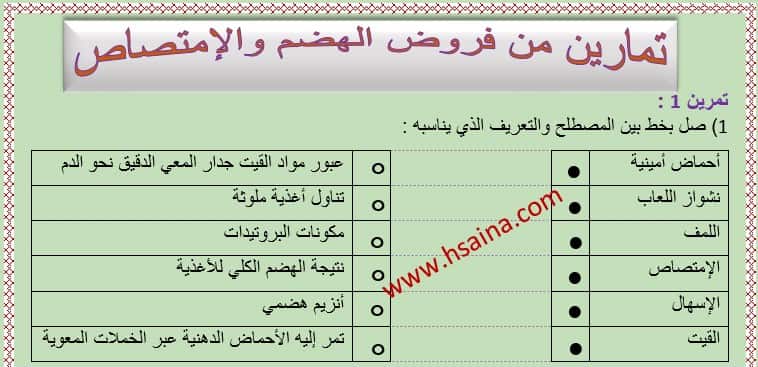 تمارين من فروض الهضم والإمتصاص للسنة الثالثة إعدادي الدورة الأولى مع التصحيح