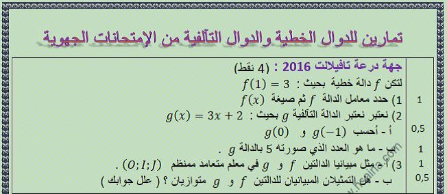 تمارين الرياضيات للدالة الخطية والدالة التآلفية من الإمتحانات الجهوية للسنة الثالثة إعدادي مع التصحيح