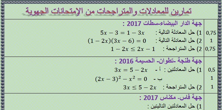 تمارين المعادلات والمتراجحات (equation and inequality) من الإمتحانات الجهويات