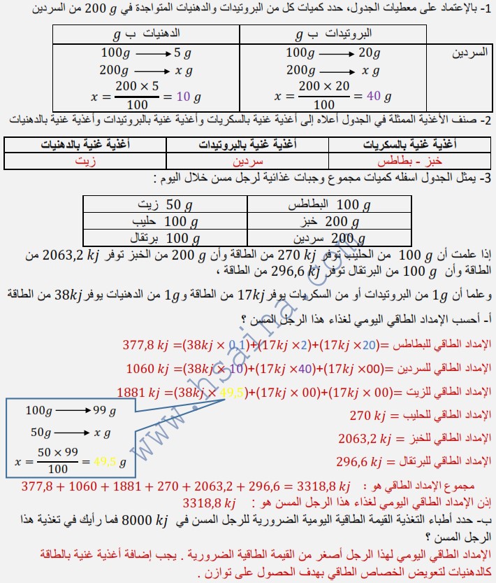 تمرين في التربية الغذائية  حساب القيمة الطاقية لبعض الأغذية 