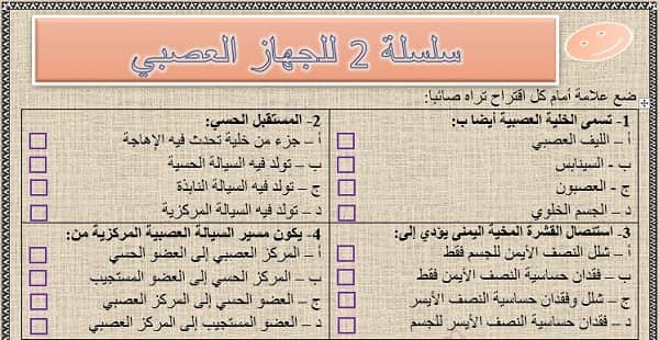 سلسلة 2 للجهاز العصبي للأختيار من متعدد (QCM) مع التصحيح