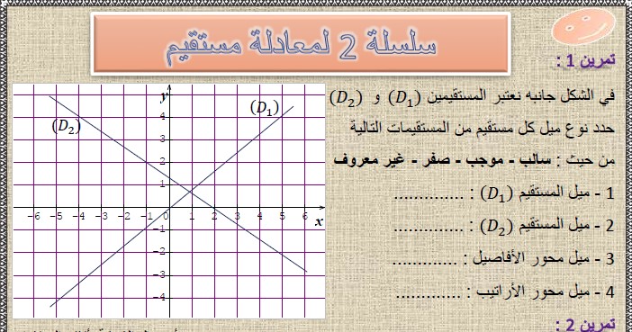 تمارين وحلول السلسلة 2 لمعادلة مستقيم في مادة الرياضيات  لتلاميذ السنة الثالثة إعدادي الدورة 2