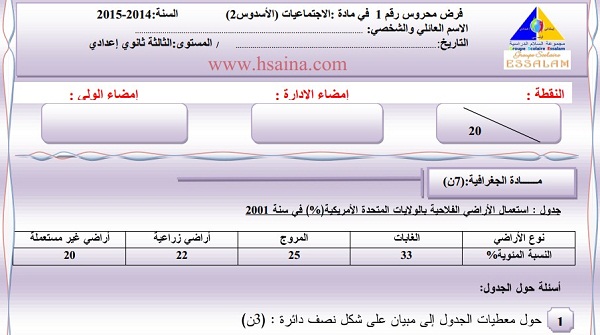 فرض محروس رقم 1 في الإجتماعيات للثالثة إعدادي الدورة الثانية (النموذج 3) مع التصحيح