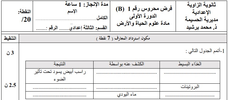 فرض محروس رقم 1 لعلوم الحياة والأرض للثالثة إعدادي الدورة 1 النموذج (5) مع التصحيح