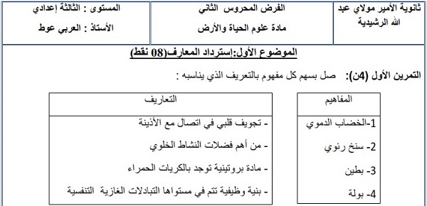 فرض محروس رقم 1 لعلوم الحياة والأرض للثالثة إعدادي الدورة 1 النموذج (1) مع التصحيح