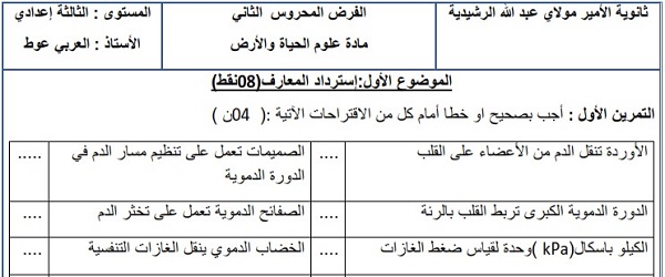 فرض محروس رقم 1 لعلوم الحياة والأرض للثالثة إعدادي الدورة 1 النموذج (2) مع التصحيح