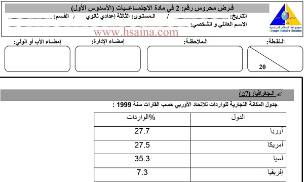 فرض محروس رقم 2 في الإجتماعيات للثالثة إعدادي الدورة الأولى (النموذج 3) مع التصحيح